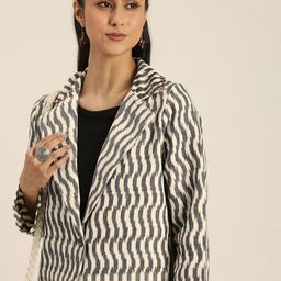 Taavi Ikat Woven Geometric Design Notched collar Longline Outer-Wear Shrug-48