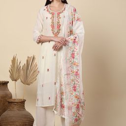 FASHOR Floral Embroidered Thread Work Straight Kurta With Palazzos And Dupatta-image-73