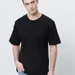 Kryptic Black Relaxed Fit Printed Oversized Crew T-Shirt-image-12