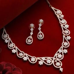 Aatmana Rose Gold-Plated White American Diamond Handcrafted Necklace & Earring Set-image-15