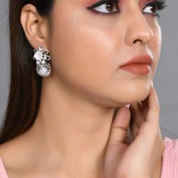 VOJ Women Silver Plated Flower Peral Studs Earring for Women-11