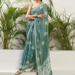 Satrani Dusty Green Floral Print Saree With Unstitched Blouse-picture-34