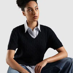 Tommy Hilfiger Women Cable Knit Self Design Regular Fit V-Neck Woollen Pullover Sweater-picture-31