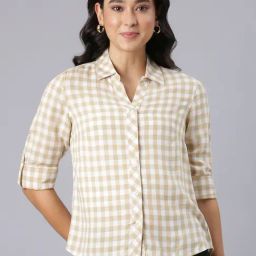 Twin Birds White & Sandle Regular Fit Checks Shirt-image-82