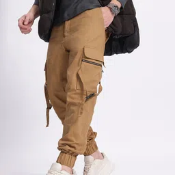 glitchez Men Trendsetter Pockets Pure Cotton Cargo Style Joggers with Dangling Straps-image-20