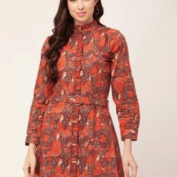 Moomaya Rust Floral Print A Line Dress-image-62
