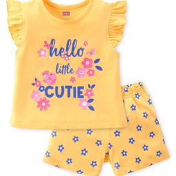 Babyhug Cotton Knit Half Sleeve Night Suit with Text Print - Yellow-image-51