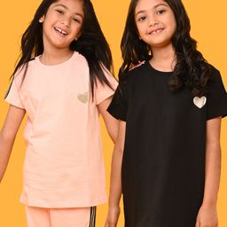 Anthrilo Terry Pack Of 2 Half Sleeves Heart Printed Tees - Pink & Black-picture-17