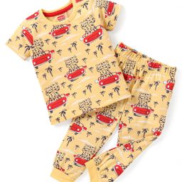 Babyhug Cotton Knit Half Sleeves Car Printed Night Suit - Yellow-image-54