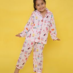 Knitting Doodles Pure Cotton Woven Full Sleeves Make Up Printed  Night Suit - White-image-64