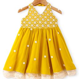 Babyhug Woven Sleeveless Floral Embroidered Ethnic Dress - Yellow-image-3