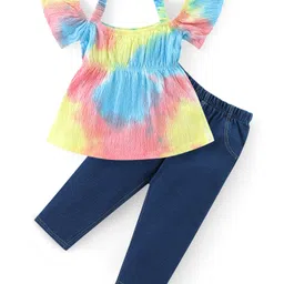 Babyhug Cotton Knit Half Sleeves Cold Shoulder Tie & Dye Top & Pants Set  - Multicolor-picture-25