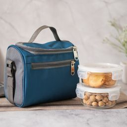 Femora Borosilicate Glass Container Lunch Box with Bag for Office, School, Blue, Round, 380 ml (2 Container+ 1 Bag)-image-57