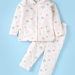 Teddy Sinker Knit Full Sleeves Floral & Kitty Printed Front Open Night Suit - White-picture-7