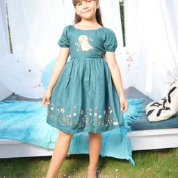 Tiny Twills Half Sleeves Dinosaur & Floral Embroidered Dress - Pine Green-image-44