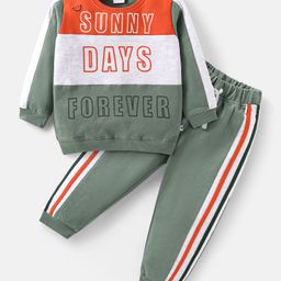 Kookie Kids Terry Knit Full Sleeves Cut & Sew Winter Wear Suit With Text Print Detailing - Red White & Olive-image-59
