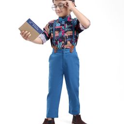 Ollington St. 100% Cotton Woven Full Sleeves Tropical & Animal Printed Shirt With Twill Pants & Suspender - Black-image-74