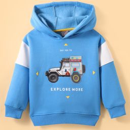 Little Kangaroos Fleece Knit FullSleeves Hooded Sweatshirt with Vehicle Print - Blue-image-58