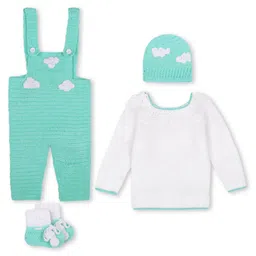 Windrop Solutions Full Sleeves Solid Crocheted Sweater With Coordinating Dungaree Cap & Booties Set - White & Blue-picture-27