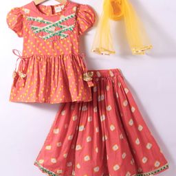 Saka Designs Cotton Woven Half Puffed Sleeves Printed Choli Lehenga Set with Dupatta & Lace Detailing - Orange & Yellow-image-73