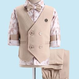 Rikidoos Cotton Full Sleeves Abstract Printed Shirt With Textured Waistcoat Pant & Bow Set - Beige-image-66