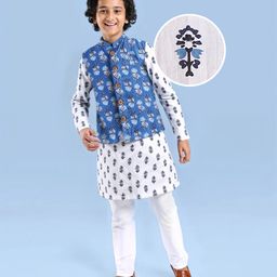 Pine Kids Cotton Woven Full Sleeves Kurta Pyjama Set with Jacket Floral Print - White & Blue-picture-19