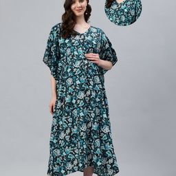 Swishchick Cotton Half Bat Wing Sleeves Floral Printed Maternity Dress With Nursing Access - Black-picture-12
