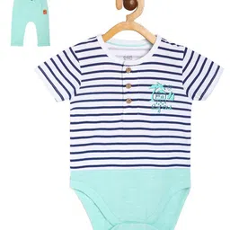 MINI KLUB Cotton Half Sleeves Striped Onesie & Pajama Set - Aqua Blue-picture-48