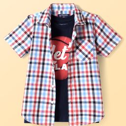 Pine Kids Cotton Woven Half Sleeves Checkered Shirt with Text Printed T-Shirt - Red-image-96