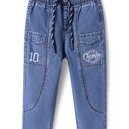 Babyhug Full Length Washed Denim Jeans with Champs Embroidery - Blue-image-17