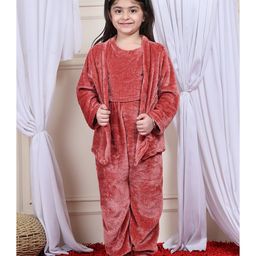 NEUDIS Fleece Knit Full Sleeves Solid Coordinating Night Suit Set - Rust Orange-picture-44