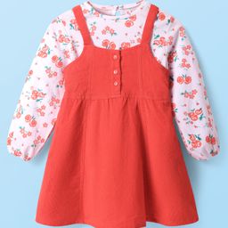 Babyhug Cotton Knit Full Sleeves Floral Printed Top with Pinafore - Floral-image-91
