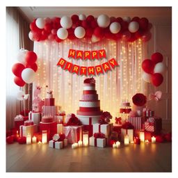 Bubble Trouble 37 Pc Birthday Decoration Items:Red Banner Metallic Balloons Party Backdrop Decoration Net Curtain with LED Light | birthday party decoration pack items for Boys Husband (Red White)-6