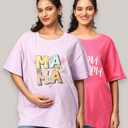The Mom Store Pack Of 2 Half Sleeves Typography Printed Oversized Maternity Tees - Lavender & Fuchsia-picture-15
