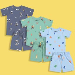 Orange Sugar 100% Cotton Knit Pack Of 3 Half Sleeves Space Theme & Sea Life Printed Coordinating Tees & Shorts Set - Multi Colour-image-83