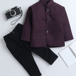 Lil' Homies Jacquard Full Sleeves Solid Blazer With Pant - Burgandy-image-34