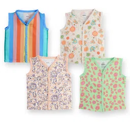 The Boo Boo Club 100% Cotton Muslin Pack Of 4 Sleeveless Baby Animals Printed & Striped Jhablas - Multi Colour-picture-34