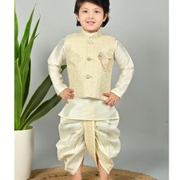 BT DEZINES Jacquard Full Sleeves Solid Kurta Dhoti With Zari Work Floral Embroidered Jacket Set - Cream-image-83