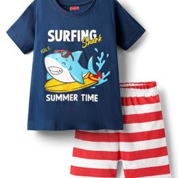 Babyhug Cotton Knit Half Sleeves Shorts Night Suit With Stripes & Surfing Text Print - Navy Blue Red & White-image-107
