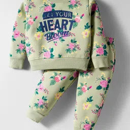 Smarty Girls Cotton Woven Full Sleeves Winter Night Suit with Text & Floral Print - Limegreen-picture-46