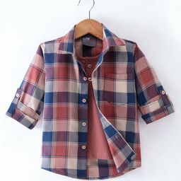 Dapper Dudes Full Sleeves Checked Shirt With Attached Tee - Peach-image-76
