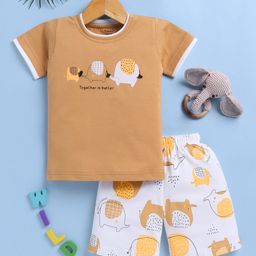 TOONYPORT Cotton Half Sleeves Baby Elephant & Together Is Better Text Printed Tee & Coordinating Shorts Set - Beige-image-66