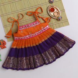 Many frocks & Cotton Woven Sleeveless Floral Foil Printed Gota Lace & Sequins Embellished Dress - Orange & Blue-image-31