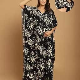 Secret Wish Rayon Woven Half Batwing Sleeves Leaves Printed Maternity Kaftan Nighty With Side Seam Nursing Access - Black-image-84