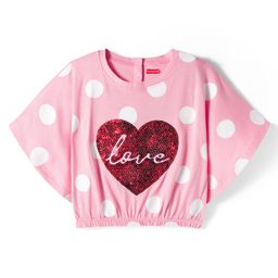 Babyhug 100 % Cotton Knit Half Sleeves Top with Polka Dot & Sequined Heart - Pink-picture-31