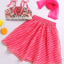 Many frocks & Georgette Woven Sleeveless Floral Printed Gota Lace Embellished Lehenga Choli With Dupatta Set - Pink-image-38