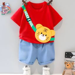 Googo Gaaga Cotton Woven Half Sleeves Kitten Designed Attached Bag Detailed Tee & Shorts Set - Red-image-80