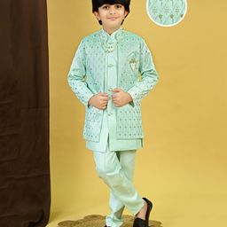 BT DEZINES Satin Woven Full Sleeves Geometric Embroidered Sequins Embellished Sherwani Set With Mala - Sky Blue-image-111