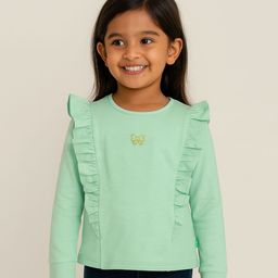 JusCubs Cotton Knit Full Sleeves Bow Embroidered & Ruffle Detailed Top - Green-picture-1