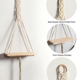 Decorcity White Wooden Macrame Hanging Shelf image 3